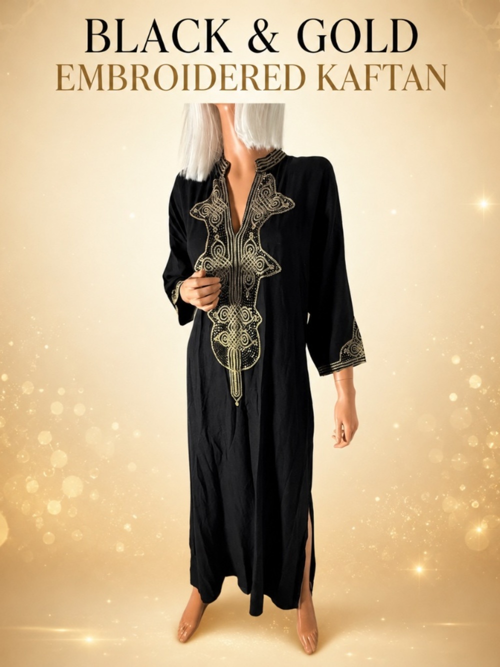 Black and Gold beaded Embroidered Kaftan XXL